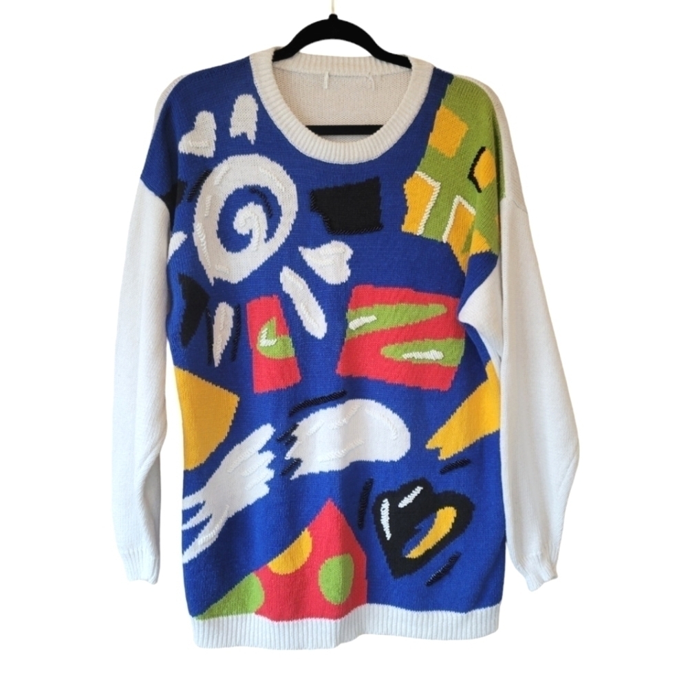 Vintage 90s Geometric Abstract Bright Bold Beaded Oversized Crew Neck Sweater